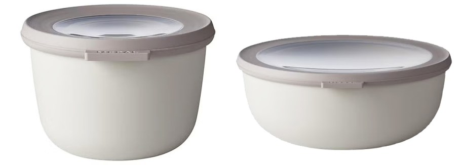 two white food storage bowls with grey lids
