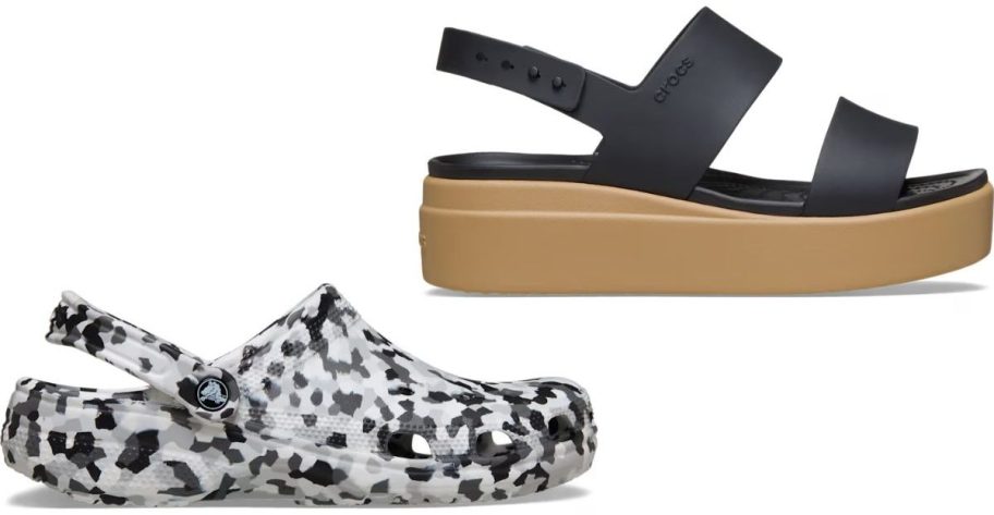 Stock images of a Crocs Clog and a Crocs Brooklyn Wedge Sandal