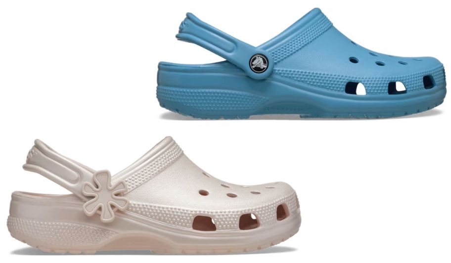 Crocs Kids in beige with a flower on the side and blue ones