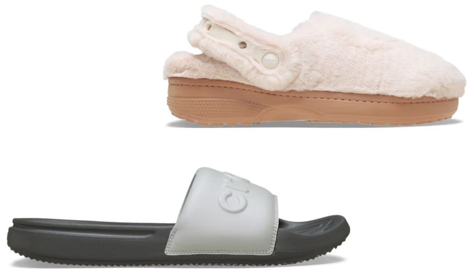 Crocs men sandals in black and gray and womens cozy clog in beige