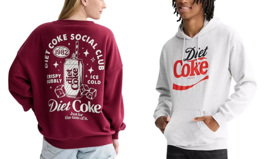 woman wearing a burgundy Diet coke sweatshirt and man wearing a white diet coke sweater