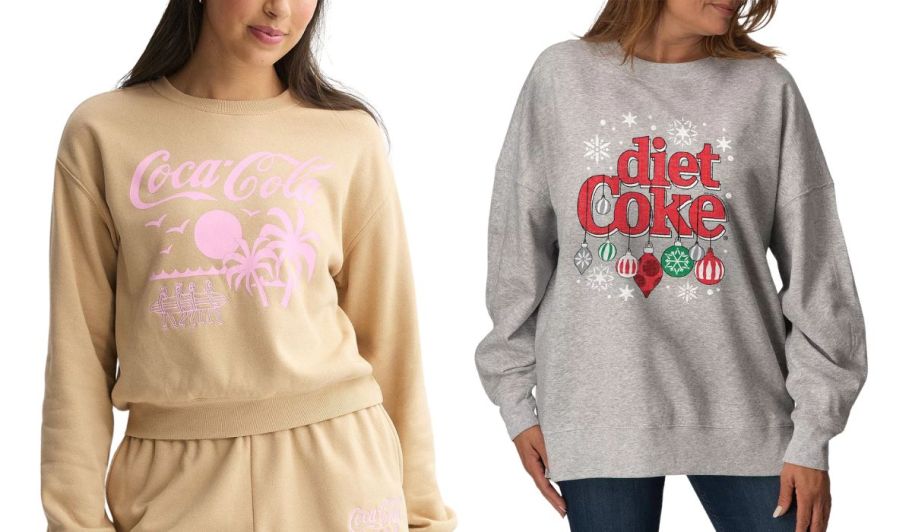 woman wearing a Diet coke sweatshirts and a gray christmas diet coke