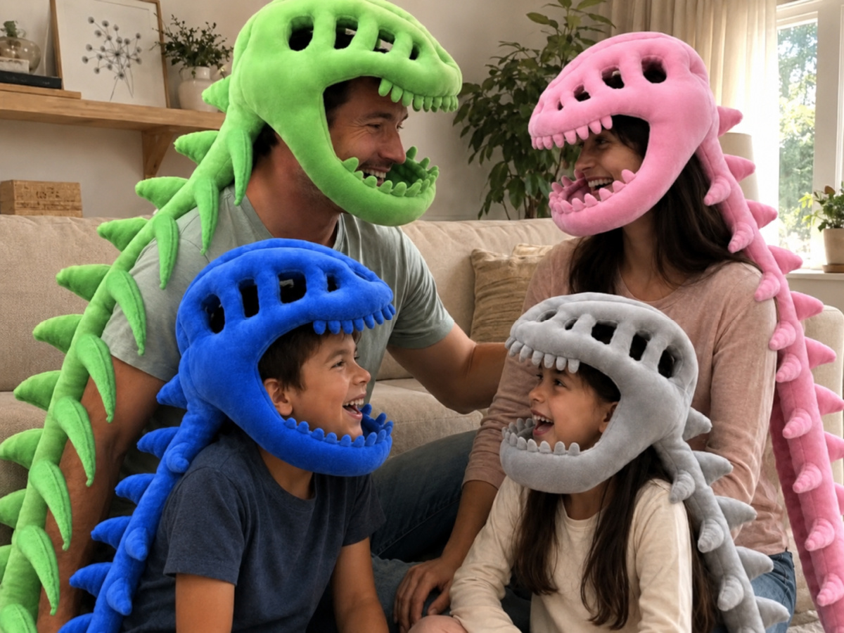 family wearing dinosaur costumes