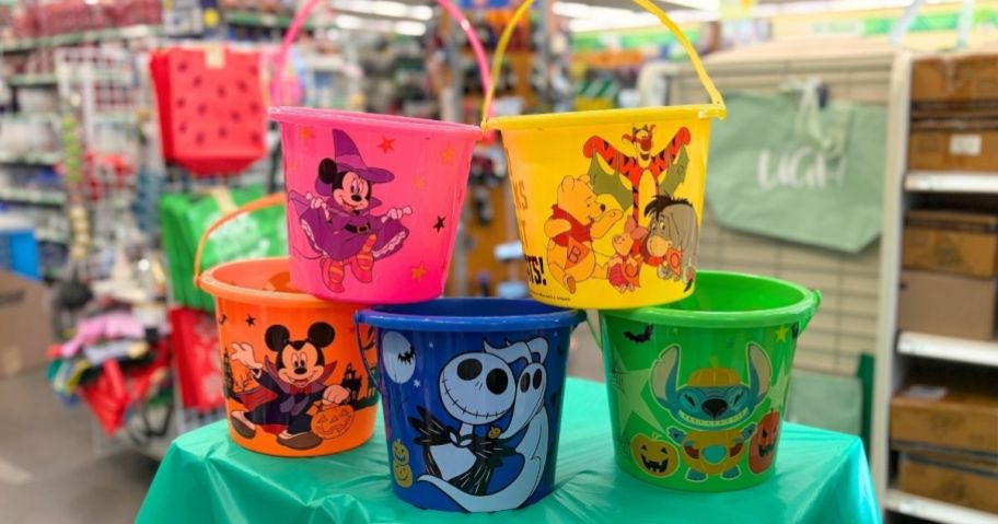 5 Disney Halloween Buckets with different characters on them at Dollar Tree