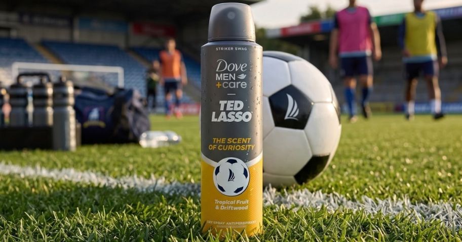 Dove Men Dry Spray Antiperspirant Striker Swag 3.8oz bottle on soccer field