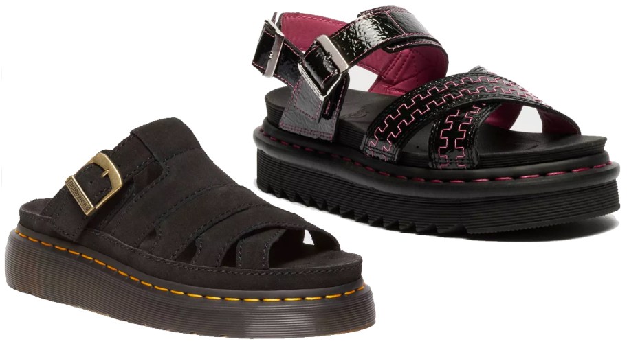 two black leather sandals