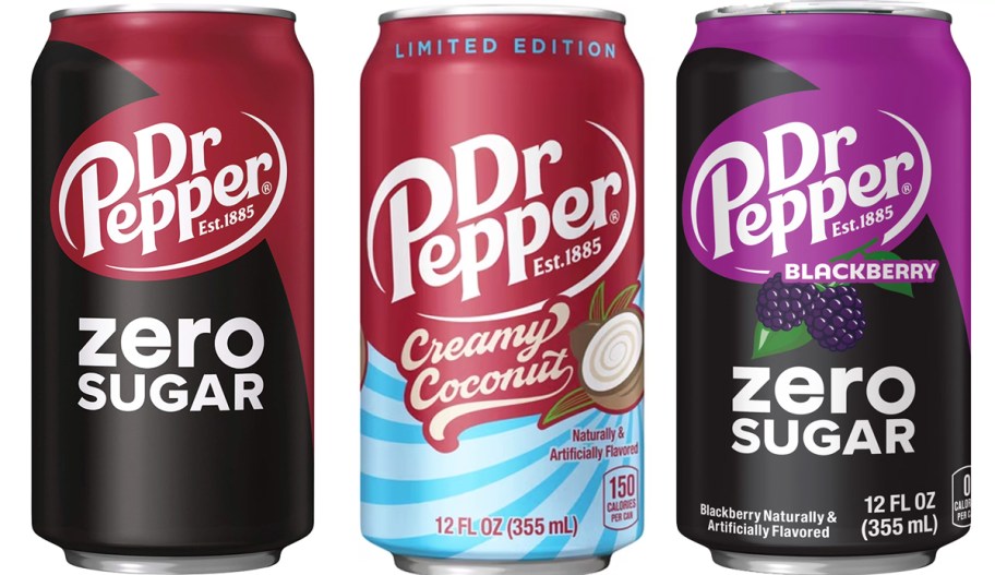 3 cans of dr pepper sodas in various flavors