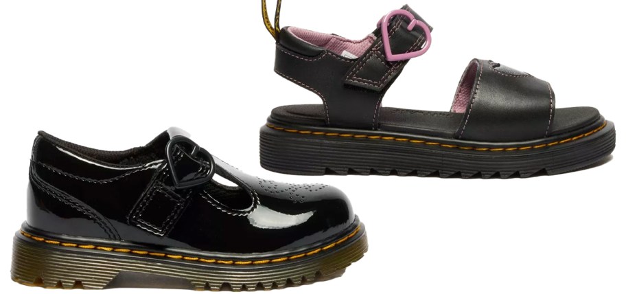 black patent shoe and leather sandal