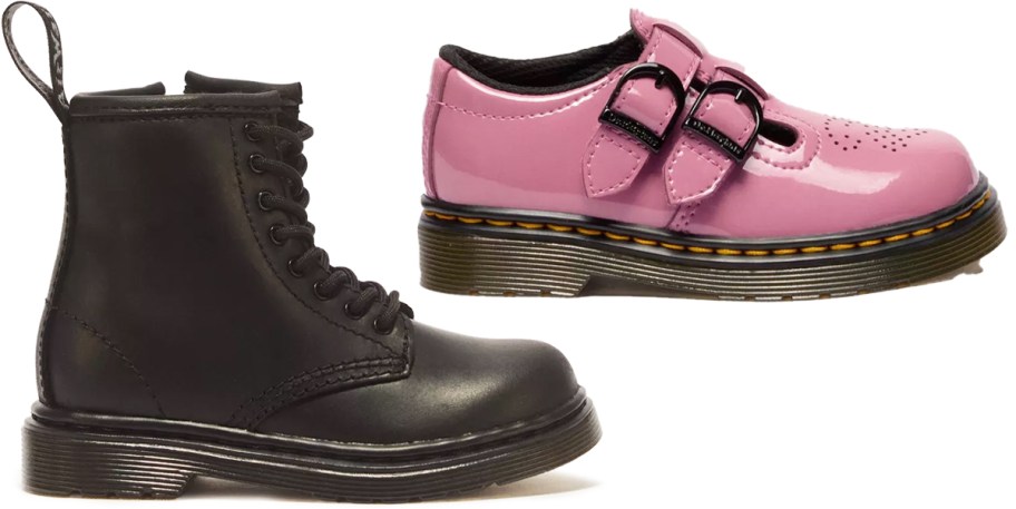 black boot and pink patent shoe