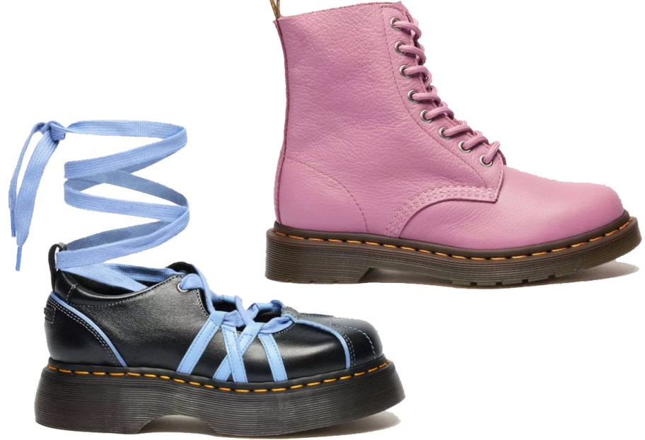 black shoe with blue ribbon and pink boot