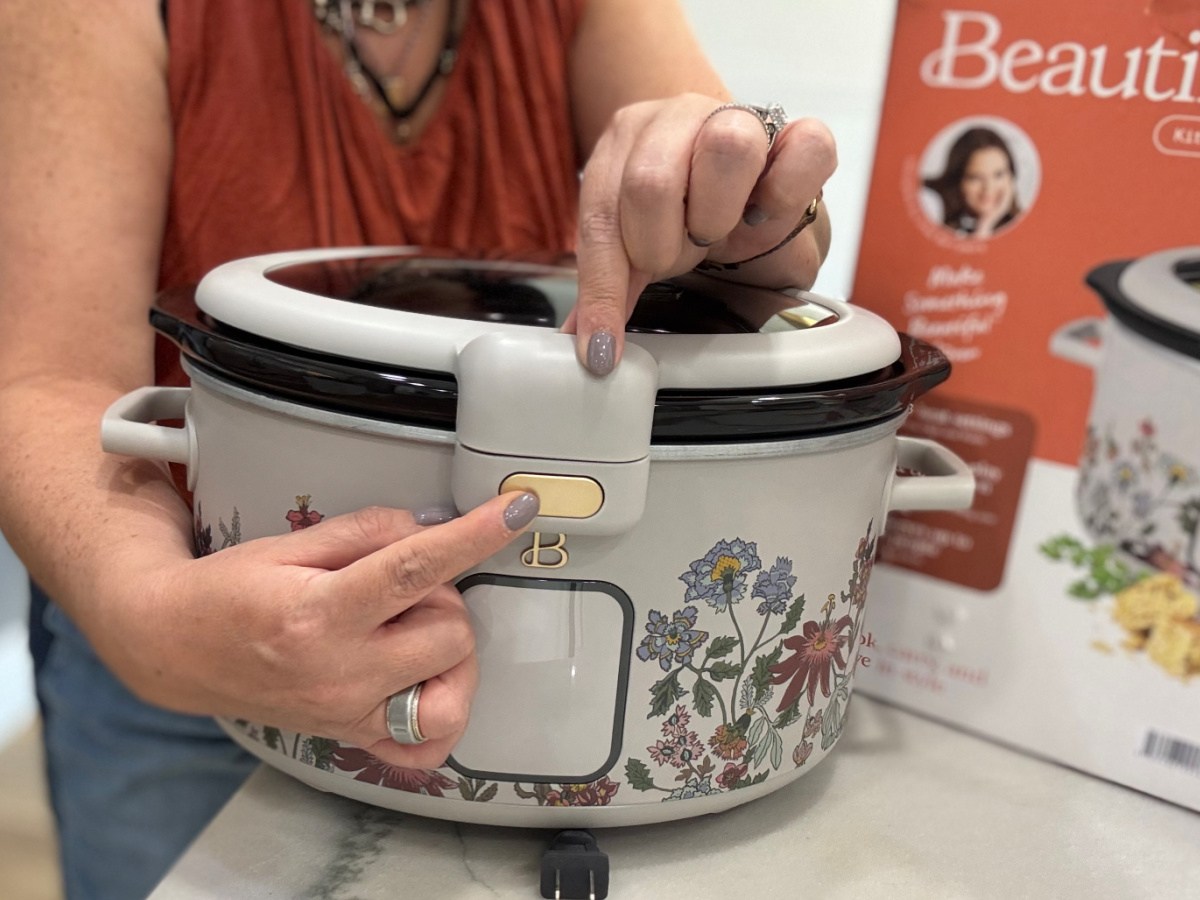 Drew Barrymore hinged slow cooker on countertop
