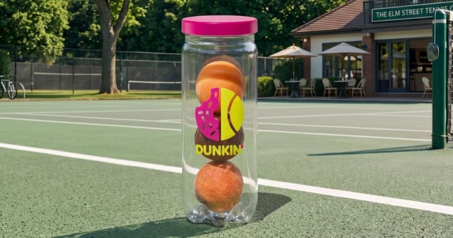 Dunkin' Mini Tennis Can on tennis court