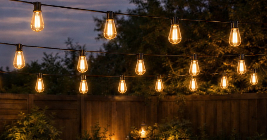 Multiple strands of warm, glowing outdoor string lights hanging over a dark yard against an evening sky.