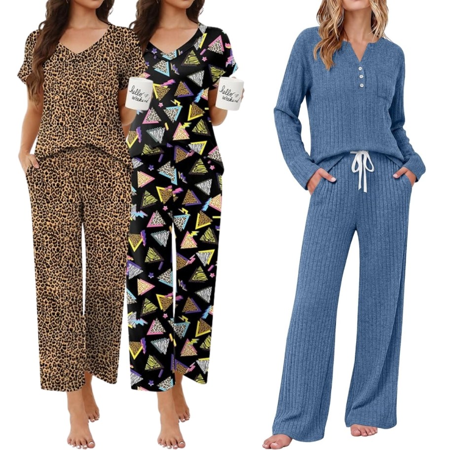 3 women wearing short sleeve pj sets in different styles and colors