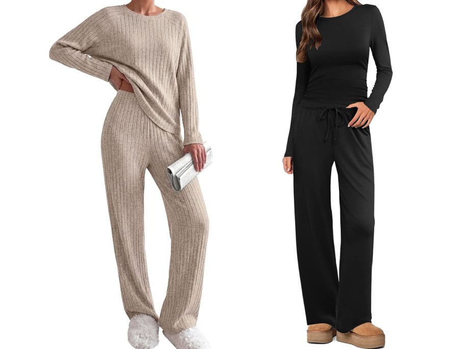 two women modeling tan and black lounge sets