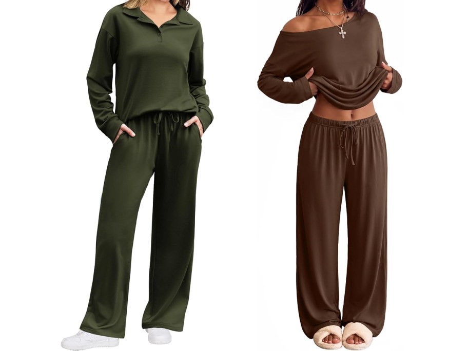 two women in olive green and brown lounge sets
