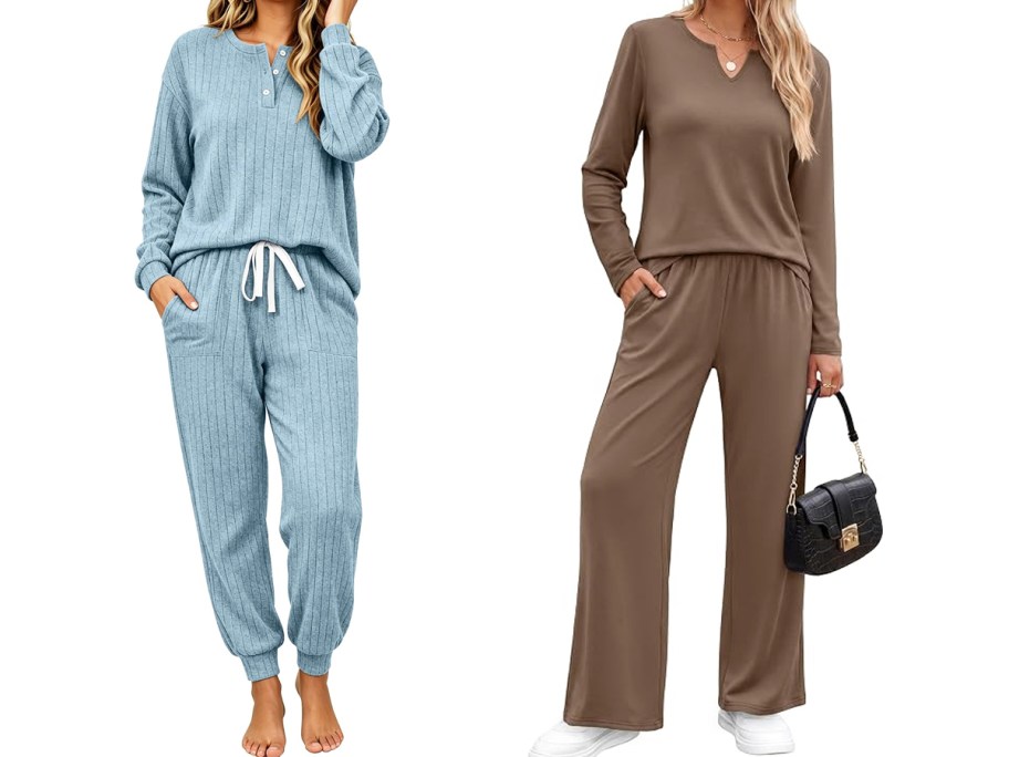 two women in blue and brown lounge sets