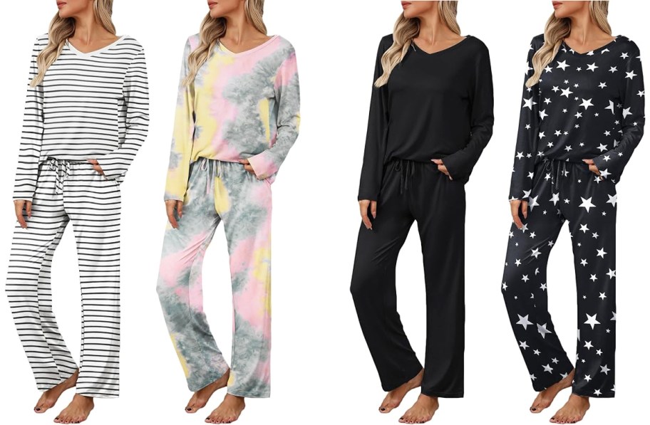 four women modeling long sleeve top and pants lounge sets