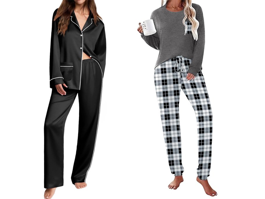 two women modeling black and grey pajama sets