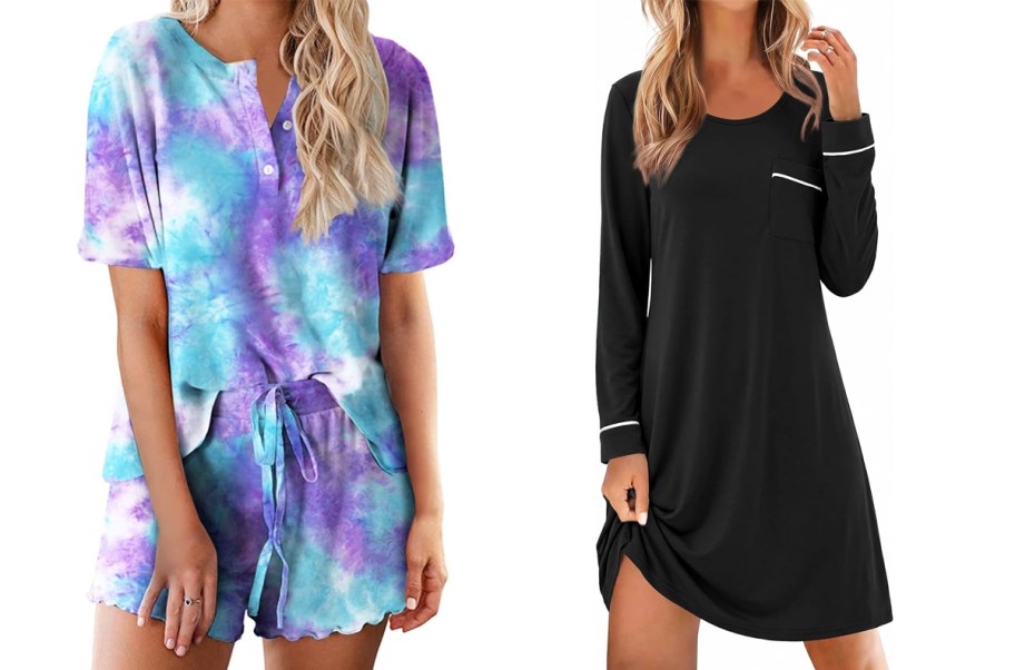 two women in tie dye and black pajamas