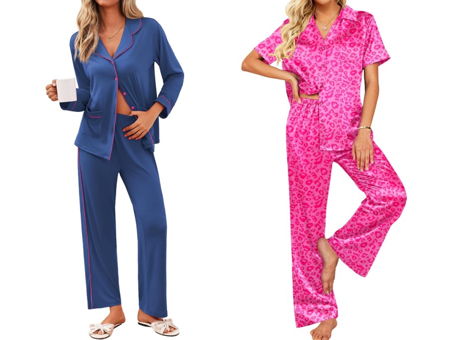 two women in blue and pink satin pajama sets