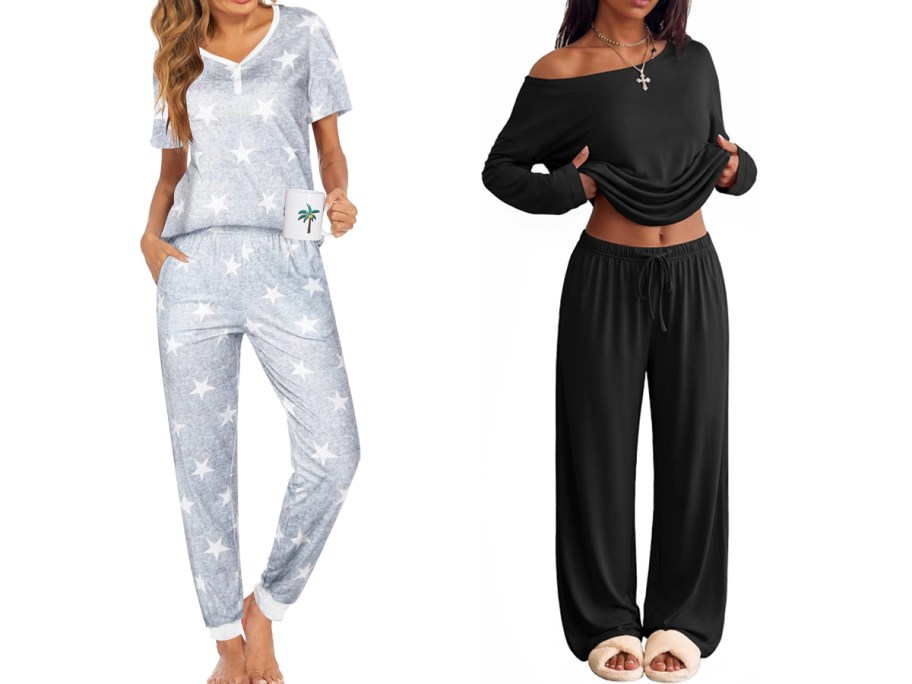 two women in grey and black pajama sets