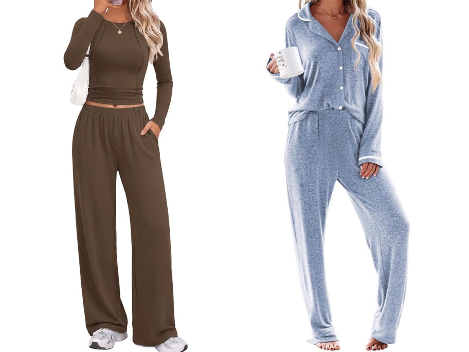 women in brown and blue pajama sets