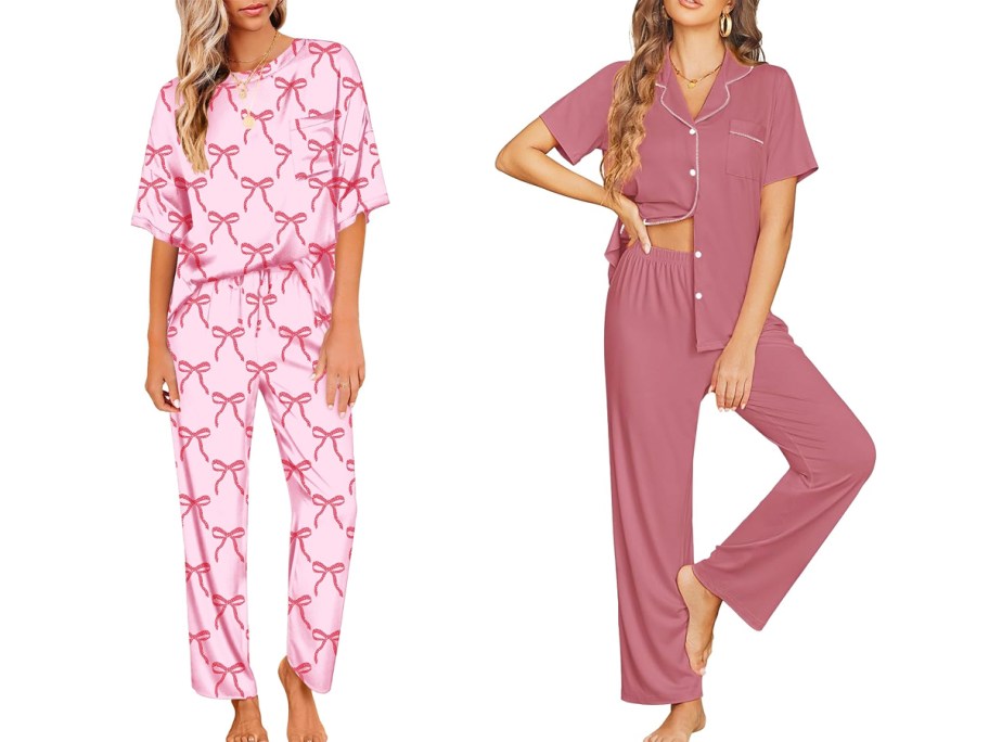women in bow print and solid pink pajama sets