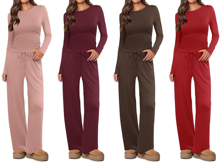 Ekouaer Women&rsquo;s Ruched Long Sleeve Top w: Wide Leg Pants Set