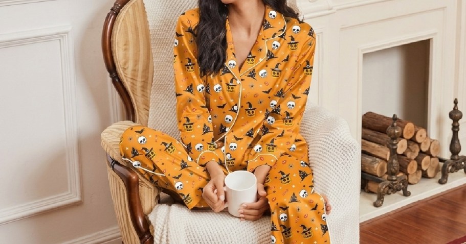 Women’s Satin Pajama Sets Only $9.99 on Amazon | Tons of Styles, Including Halloween!
