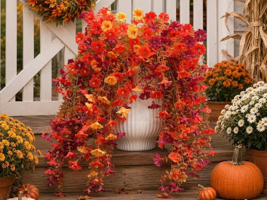 orange artificial flowers draping over a planter