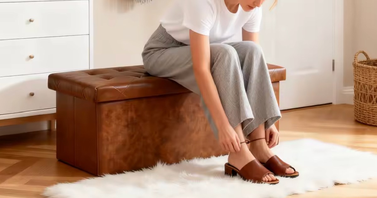 Woman sitting on faux, leather storage ottoman, and putting on sandals