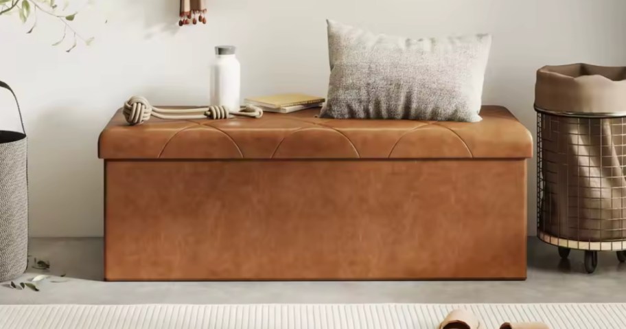 Faux leather storage ottoman in living room