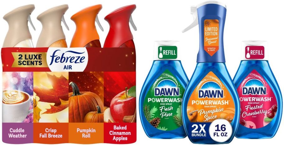 Febreze Air Mist Air Freshener Spray Fall Mixed Scent 4-Count and Dawn Platinum Plus Powerwash Dish Spray Bottle Set