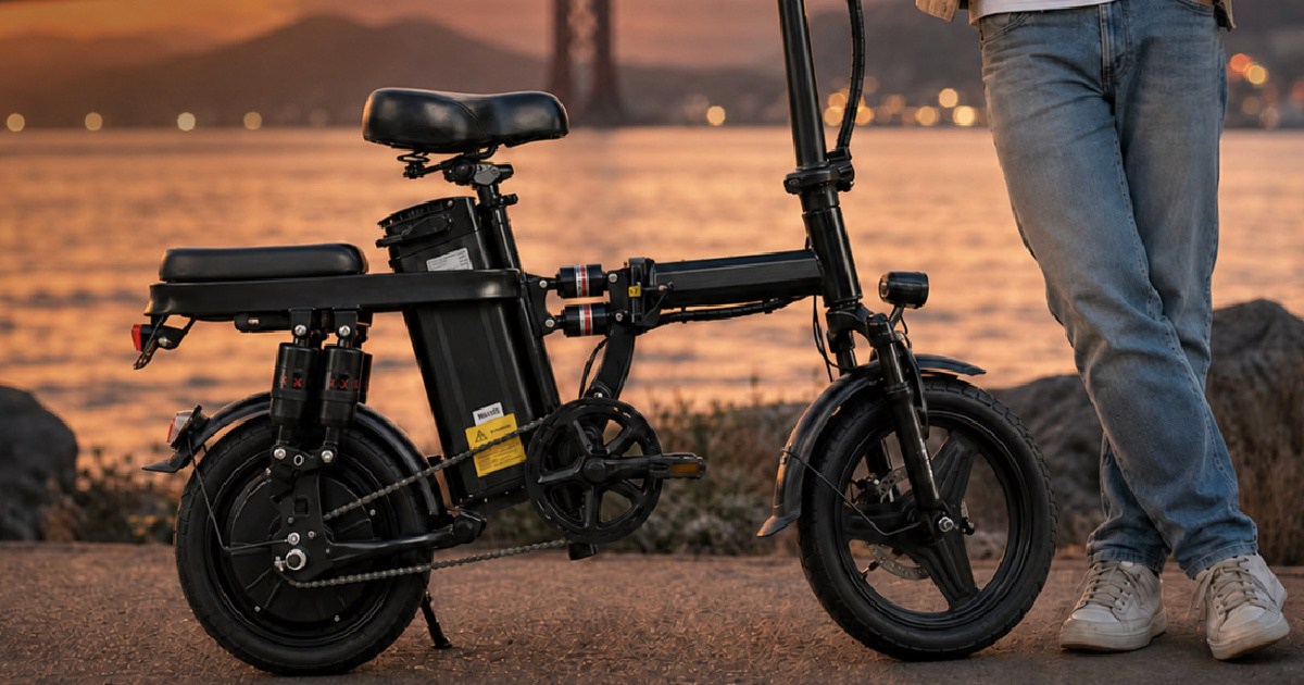 Man standing next to foldable E bike outside with sun setting
