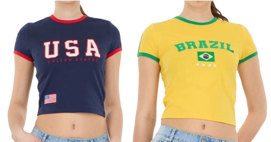 Forever 21 Women's Short Sleeve Americana USA and brazil Soccer Ringer Tee Shirt