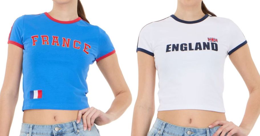 Forever 21 Women's Short Sleeve France and england Soccer Ringer Tee Shirt