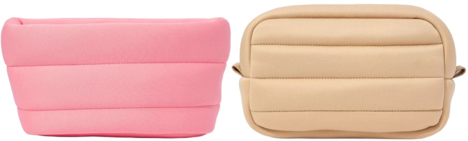 Two puffer cosmetic pouches, one in pink and one in beige.