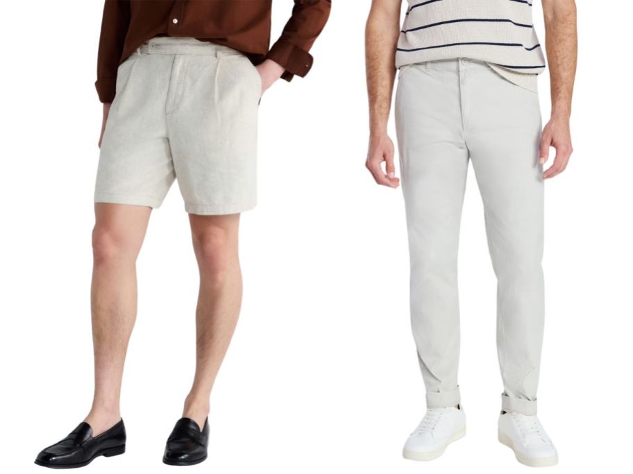 Free Assembly Men's Linen Blend Pleated Shorts and Straight Tapered Fit Chino Pants