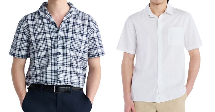 Free Assembly Men's Plaid Cotton Dobby Camp Shirt and Cotton Dobby Button Front Shirt
