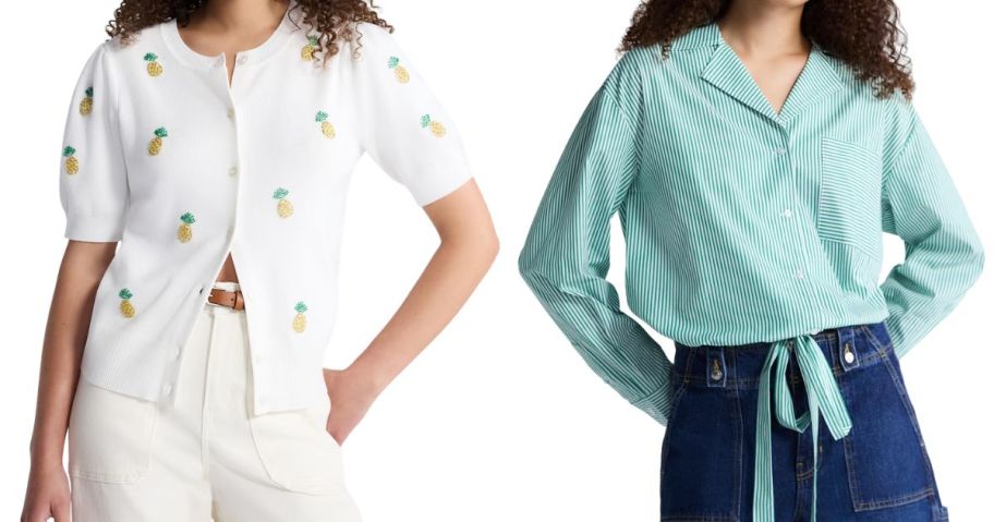Free Assembly Women's Beaded Cardigan Sweater and Cotton Poplin Tie Waist Shirt