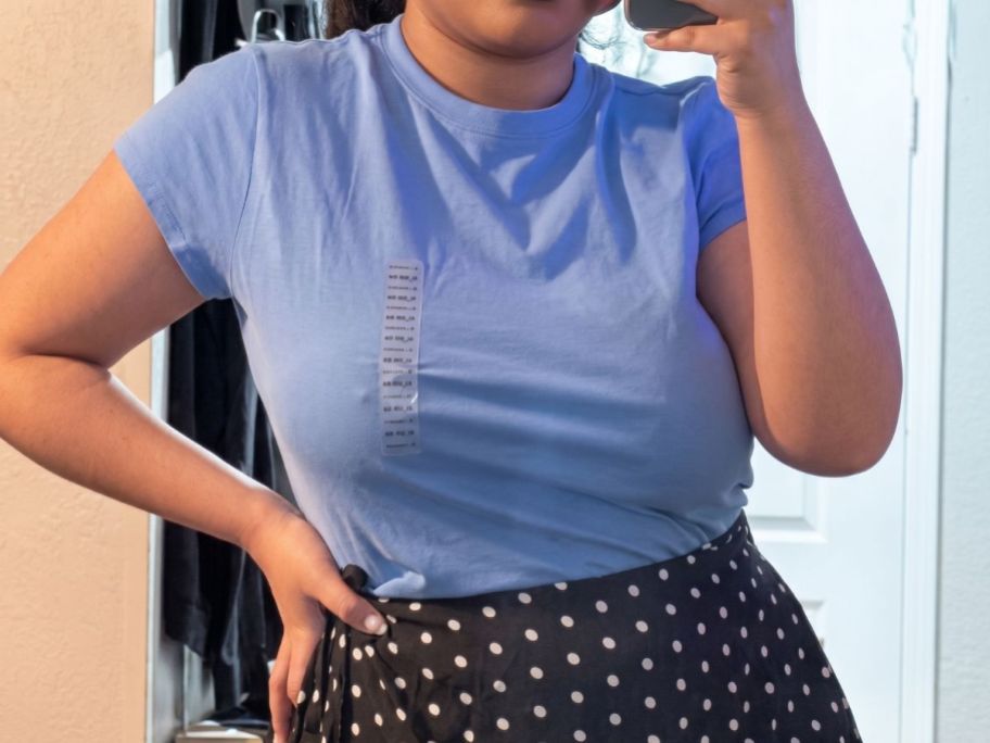 woman wearing blue Free Assembly Women's Cap Sleeve Tee