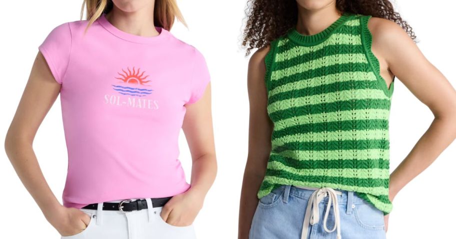 Free Assembly Women's Cap Sleeve Tee and Crochet Cotton Racerback Tank Top