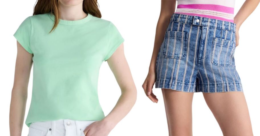 Free Assembly Women's green Cap Sleeve Tee and striped Patch Pocket Denim Shorts