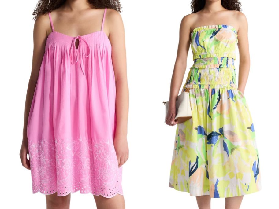 Free Assembly Women's pink Cotton Pintuck Mini Dress and yellow Strapless Cotton Poplin Tiered Midi Dress