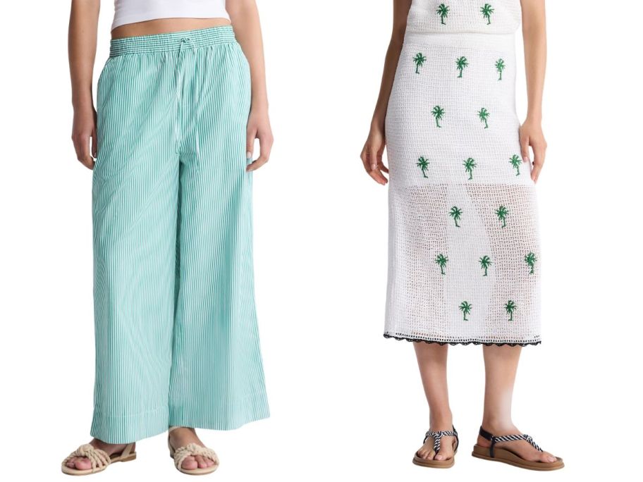 Free Assembly Women's Cotton Poplin Cropped Wide Leg Pants and Embroidered Knit Cotton Pencil Midi Skirt