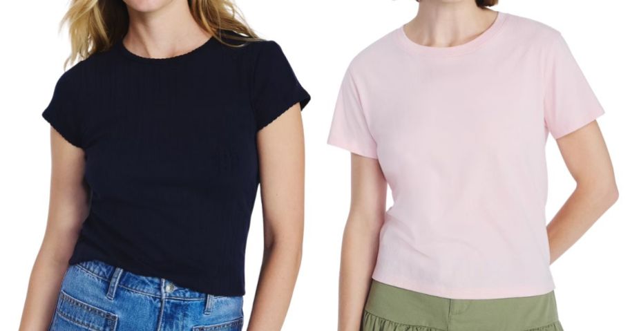 Free Assembly Women's black Pointelle Mini Tee and pink Cotton Cropped Boxy Tee