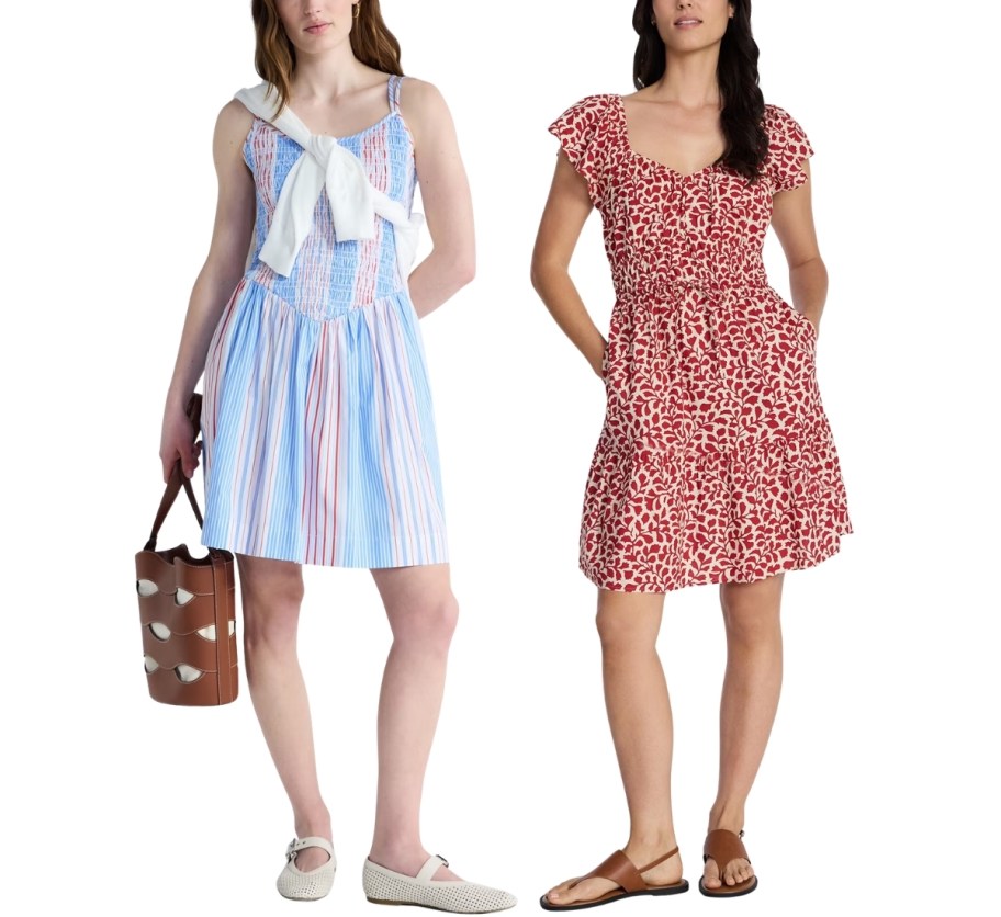 woman in a striped mini dress and a woman in a floraprint flutter sleeve mini dress