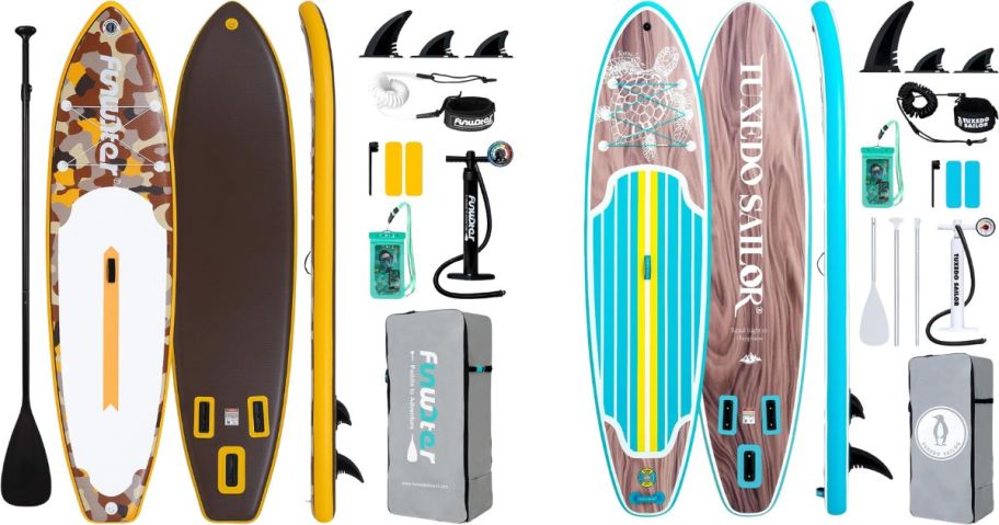FunWater Inflatable Stand Up Paddle Board and Tuxedo Sailor Inflatable Paddle Board in Blue Wood Grain Turtle