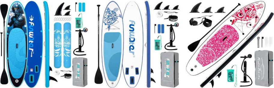 FunWater Inflatable Stand Up Paddle Board in Deep Blue Poseidon, FunWater Inflatable Stand Up Paddle Board in Blue Turtle Totem, and FEATH-R-LITE Inflatable Stand Up Paddle Board